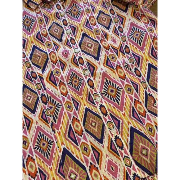 Chicos Womens Size 0 Linen No Iron Button Up Shirt 3/4 Sleeve Aztec Colorful - Picture 6 of 15